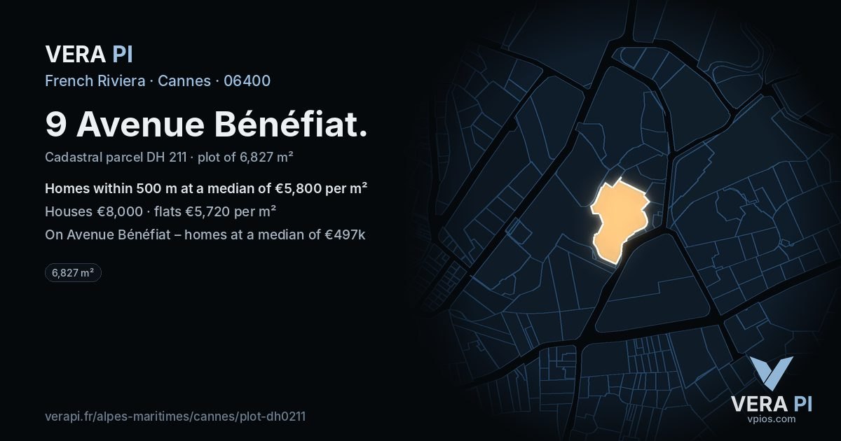 9 Avenue Bénéfiat, Cannes at night – the plot lit, the parcels around coloured by the prices near them
