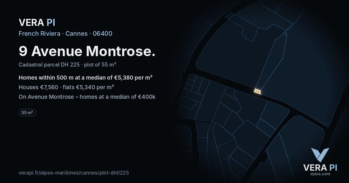 9 Avenue Montrose, Cannes at night – the plot lit, the parcels around coloured by the prices near them