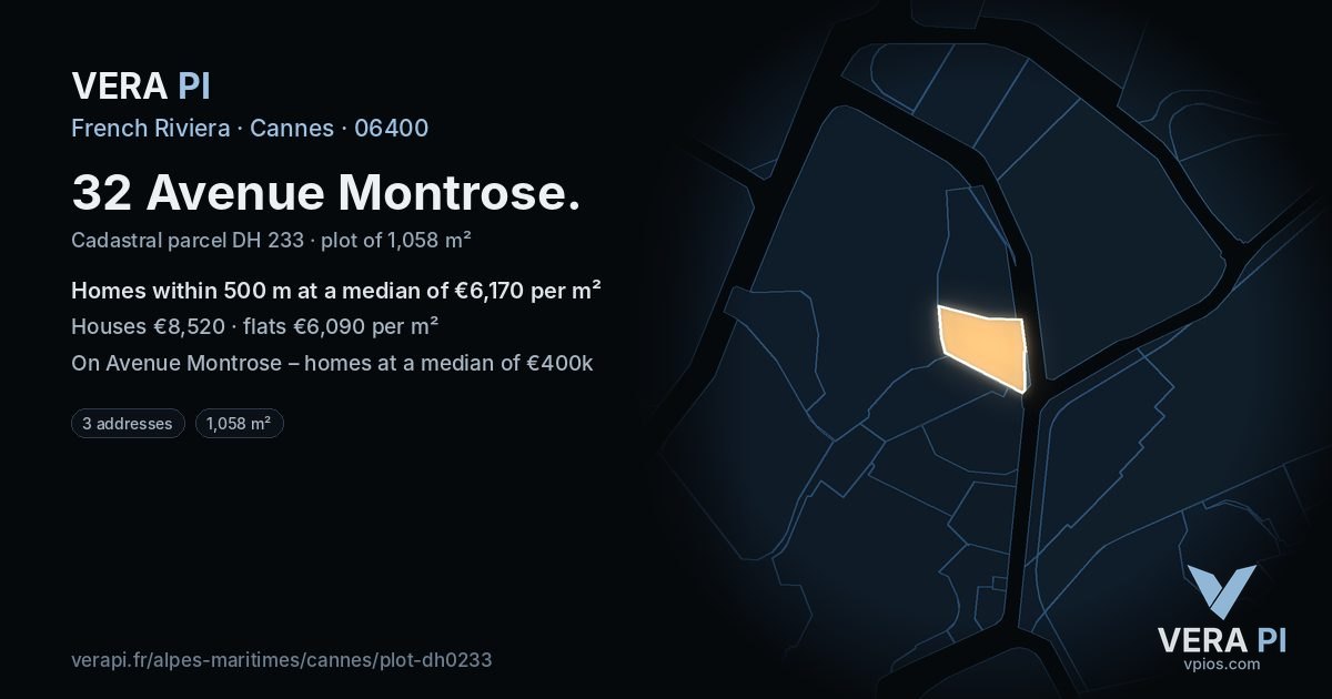 32 Avenue Montrose, Cannes at night – the plot lit, the parcels around coloured by the prices near them