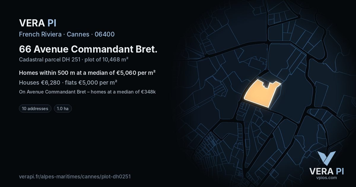 66 Avenue Commandant Bret, Cannes at night – the plot lit, the parcels around coloured by the prices near them