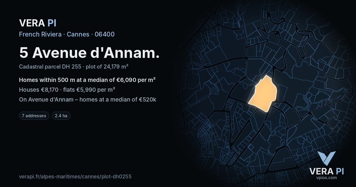 5 Avenue d'Annam, Cannes at night – the plot lit, the parcels around coloured by the prices near them
