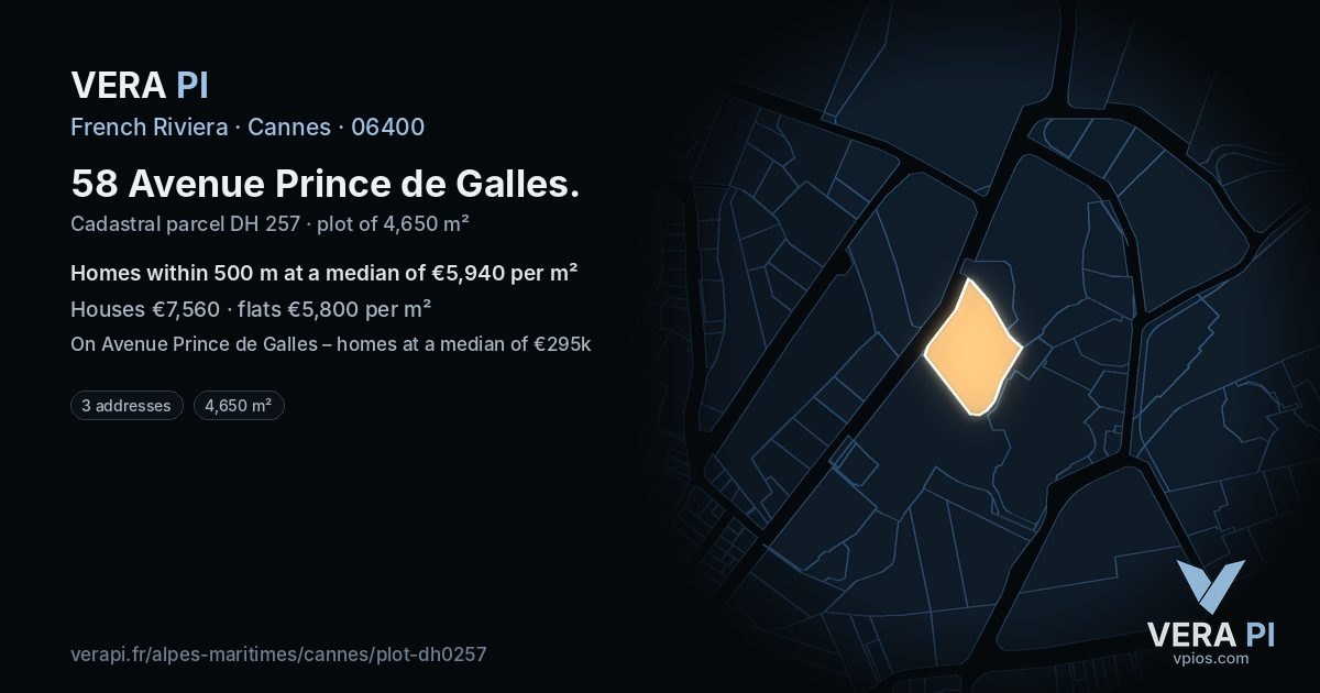 58 Avenue Prince de Galles, Cannes at night – the plot lit, the parcels around coloured by the prices near them