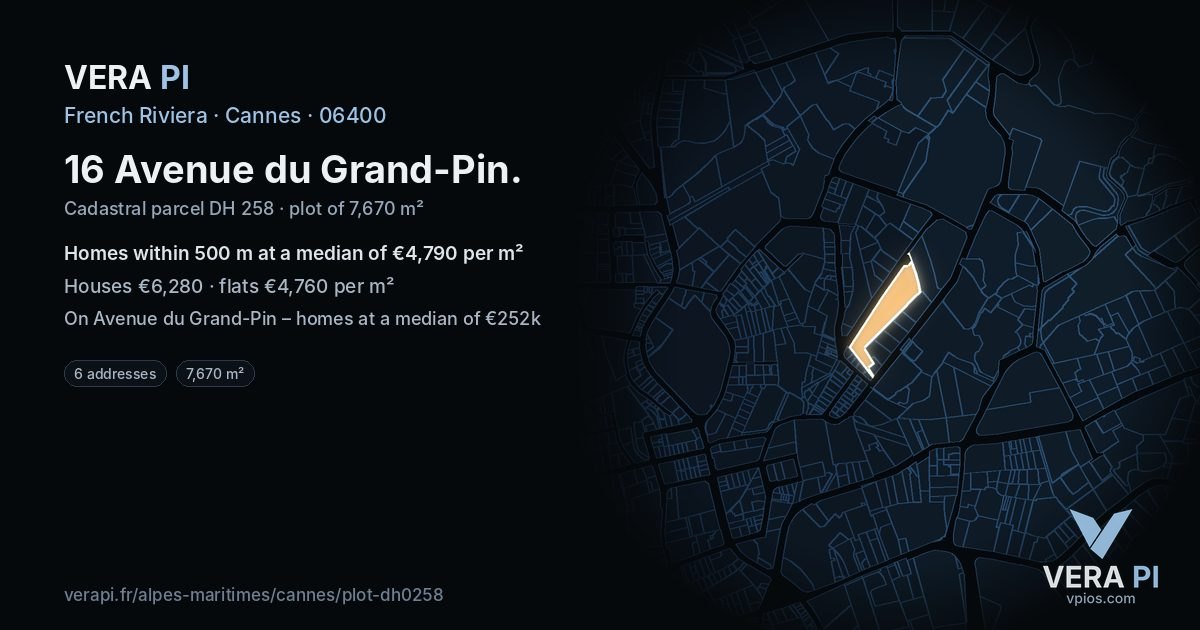 16 Avenue du Grand-Pin, Cannes at night – the plot lit, the parcels around coloured by the prices near them