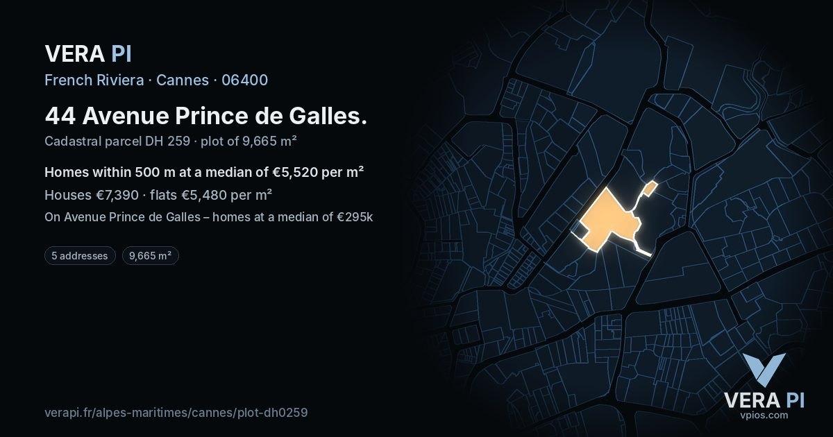 44 Avenue Prince de Galles, Cannes at night – the plot lit, the parcels around coloured by the prices near them