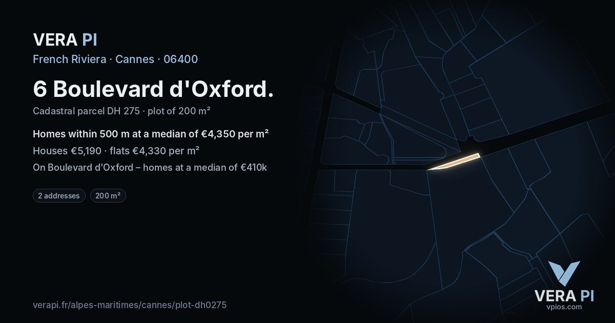 6 Boulevard d'Oxford, Cannes at night – the plot lit, the parcels around coloured by the prices near them