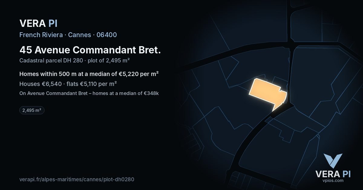 45 Avenue Commandant Bret, Cannes at night – the plot lit, the parcels around coloured by the prices near them
