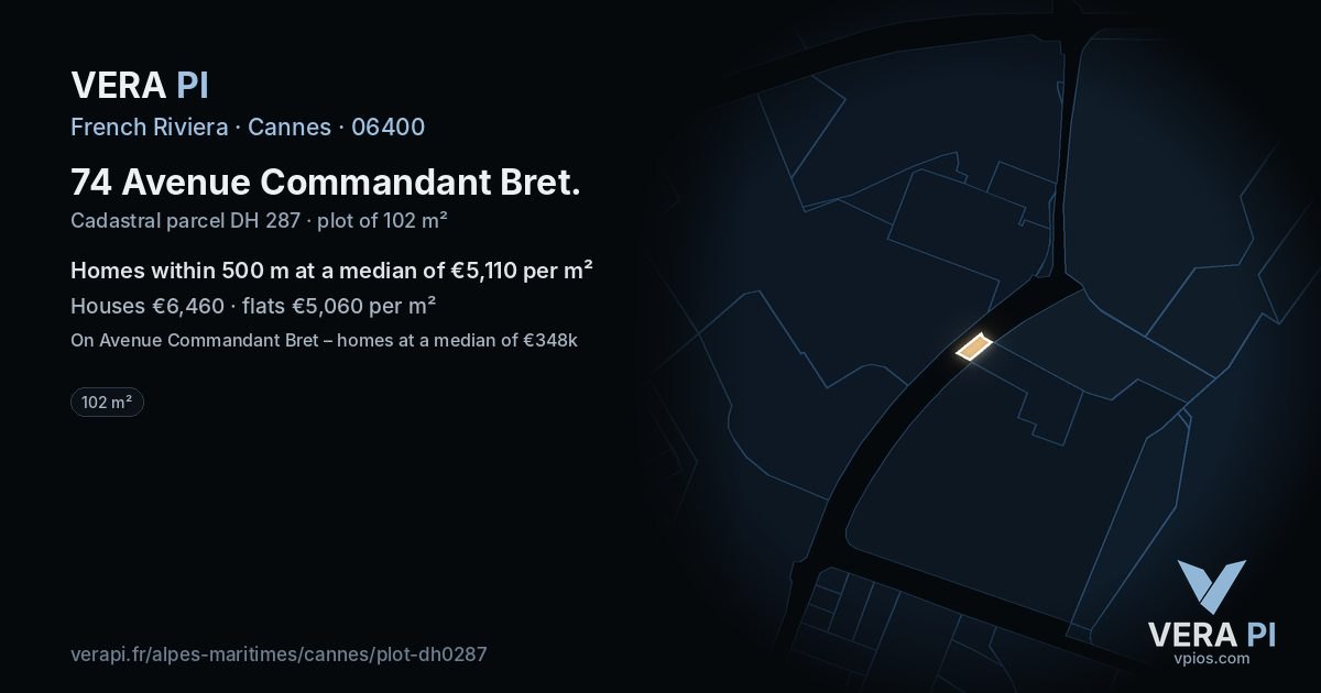 74 Avenue Commandant Bret, Cannes at night – the plot lit, the parcels around coloured by the prices near them