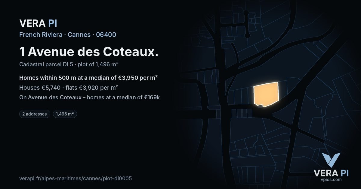 1 Avenue des Coteaux, Cannes at night – the plot lit, the parcels around coloured by the prices near them