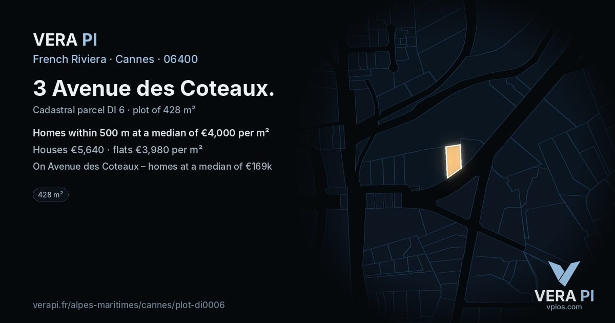 3 Avenue des Coteaux, Cannes at night – the plot lit, the parcels around coloured by the prices near them