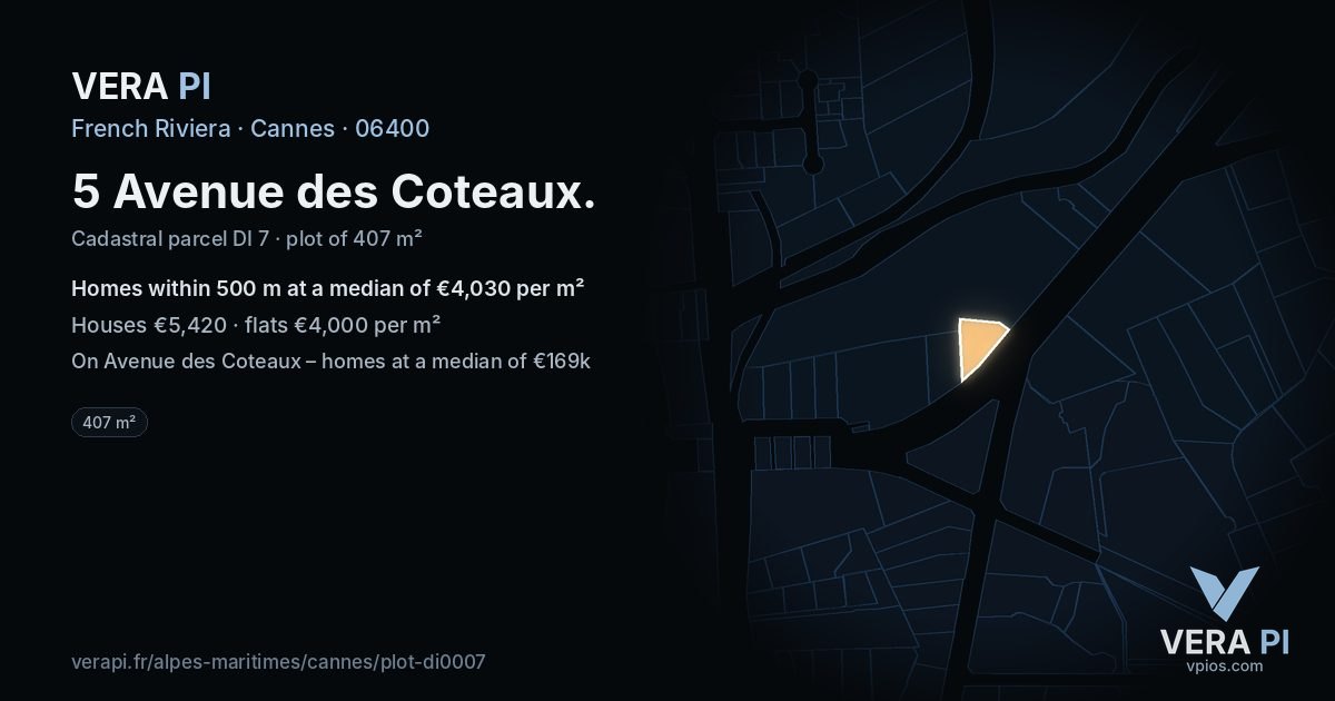 5 Avenue des Coteaux, Cannes at night – the plot lit, the parcels around coloured by the prices near them