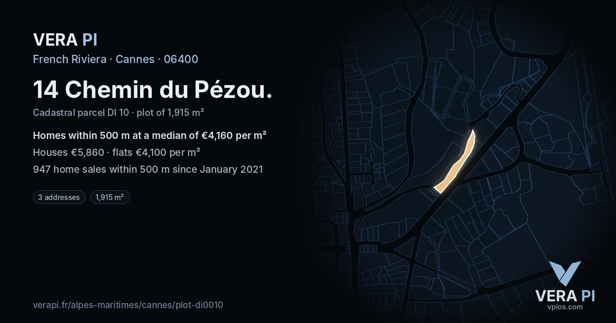 14 Chemin du Pézou, Cannes at night – the plot lit, the parcels around coloured by the prices near them