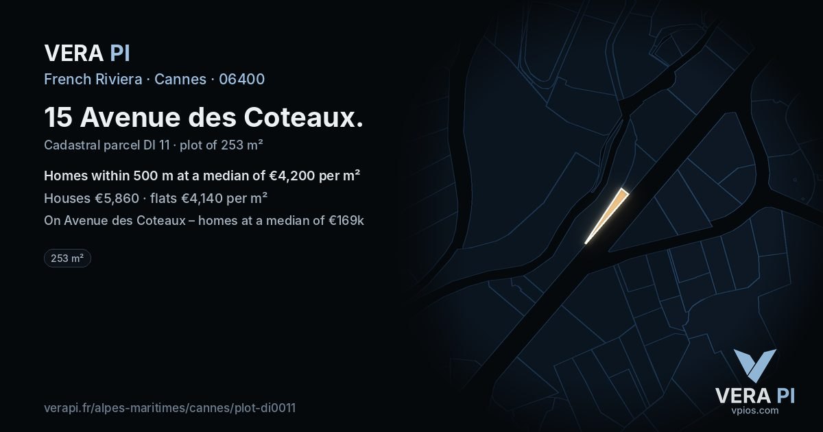 15 Avenue des Coteaux, Cannes at night – the plot lit, the parcels around coloured by the prices near them