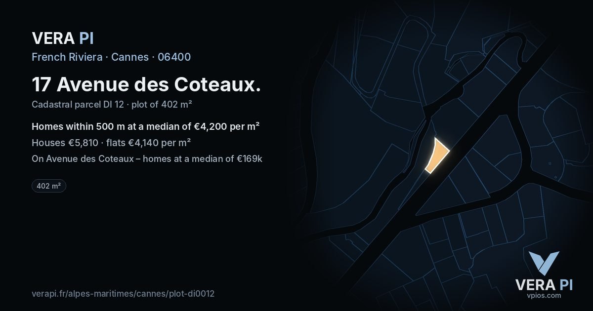 17 Avenue des Coteaux, Cannes at night – the plot lit, the parcels around coloured by the prices near them