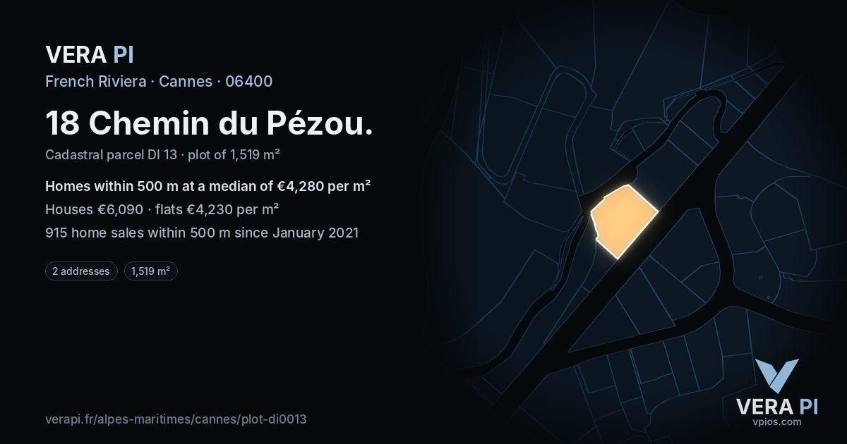 18 Chemin du Pézou, Cannes at night – the plot lit, the parcels around coloured by the prices near them