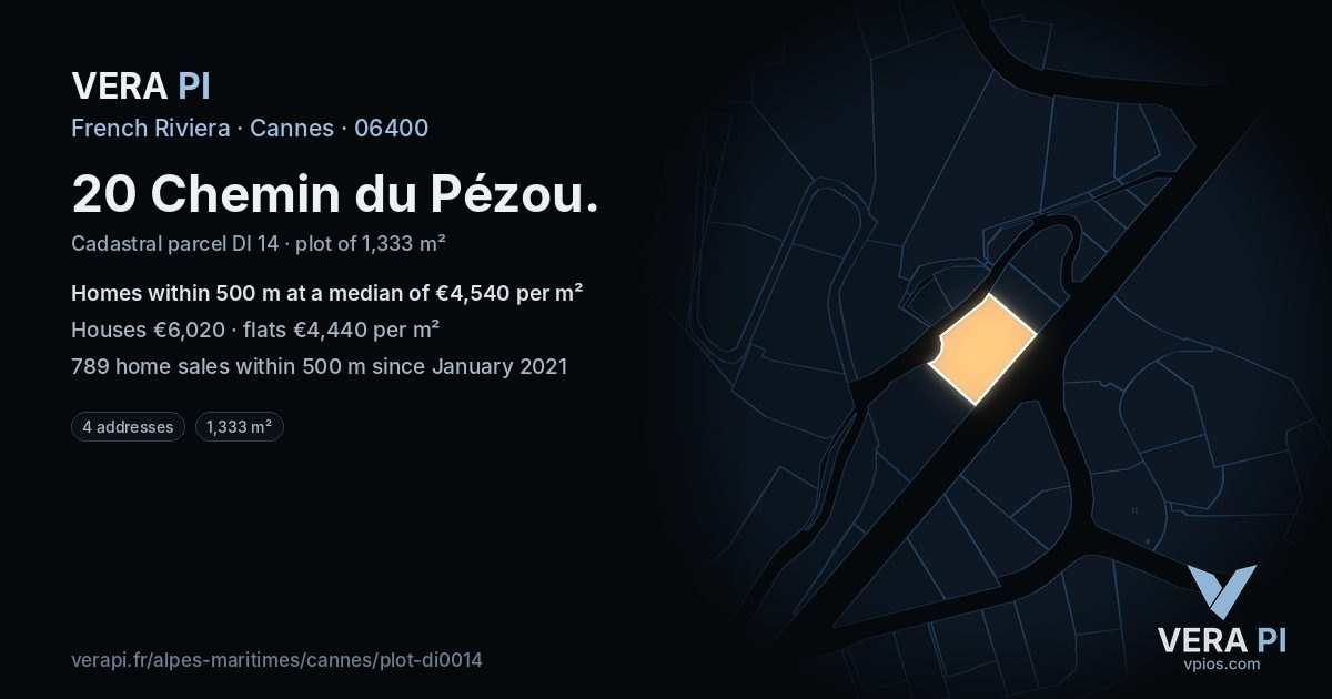 20 Chemin du Pézou, Cannes at night – the plot lit, the parcels around coloured by the prices near them