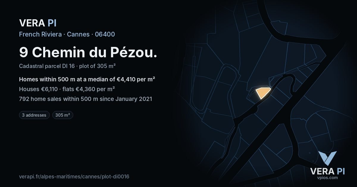 9 Chemin du Pézou, Cannes at night – the plot lit, the parcels around coloured by the prices near them