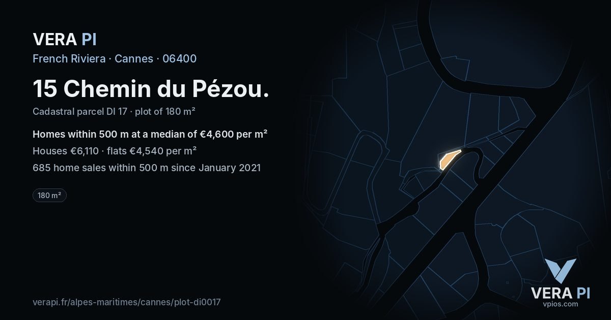 15 Chemin du Pézou, Cannes at night – the plot lit, the parcels around coloured by the prices near them