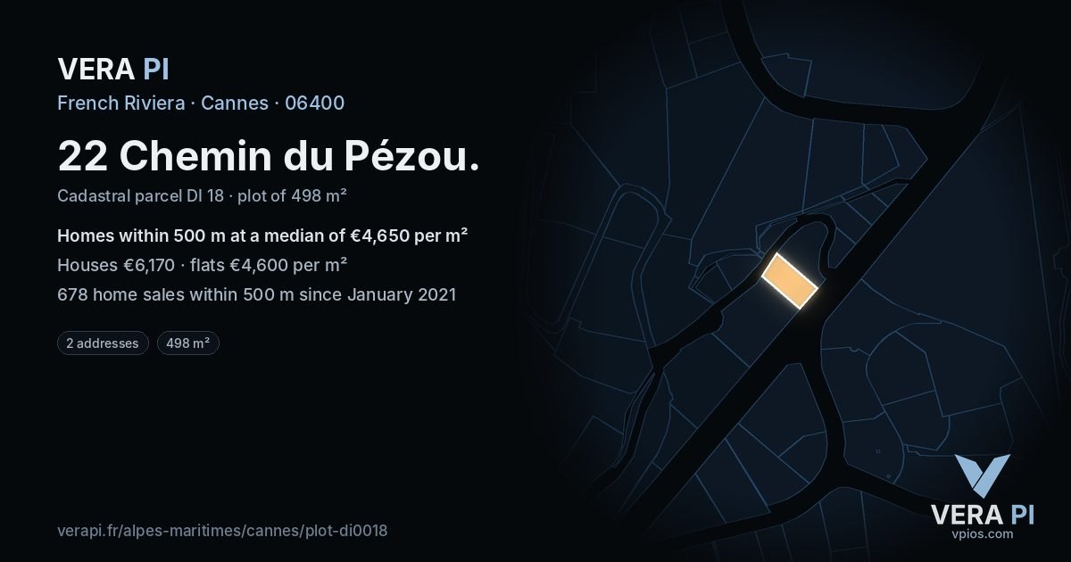 22 Chemin du Pézou, Cannes at night – the plot lit, the parcels around coloured by the prices near them