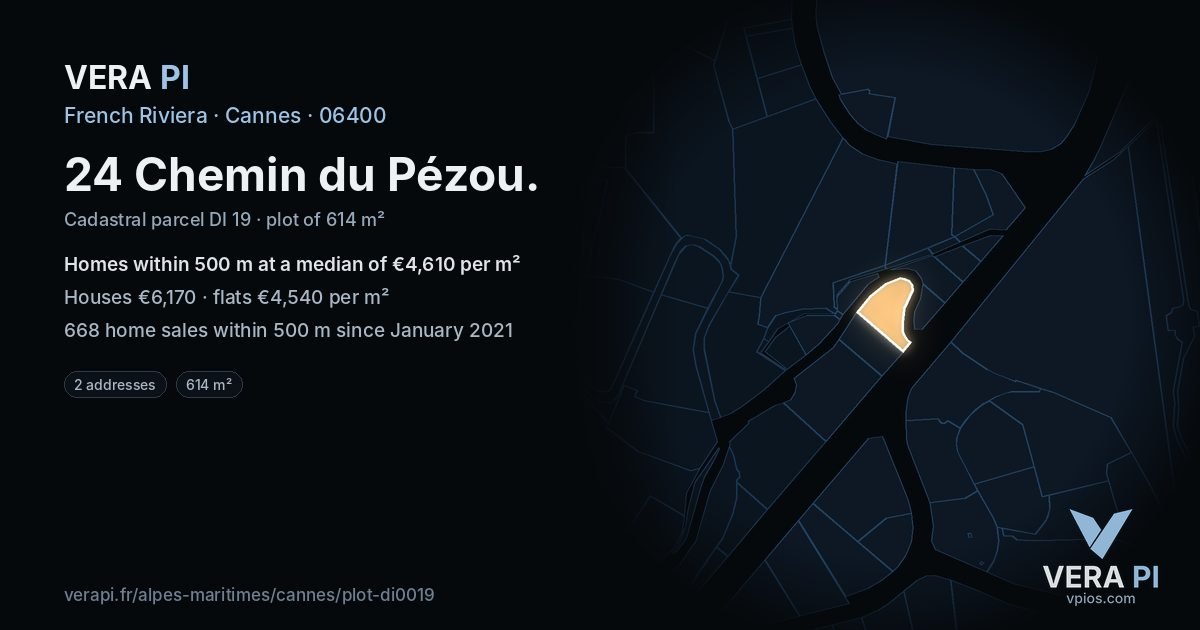 24 Chemin du Pézou, Cannes at night – the plot lit, the parcels around coloured by the prices near them
