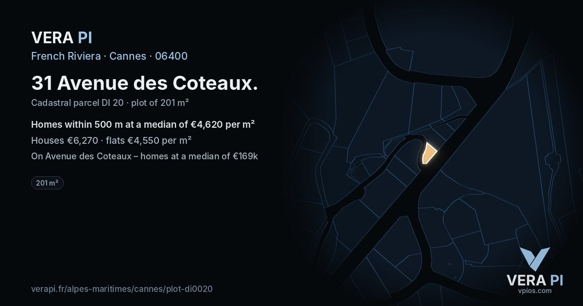 31 Avenue des Coteaux, Cannes at night – the plot lit, the parcels around coloured by the prices near them