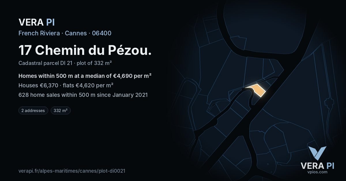 17 Chemin du Pézou, Cannes at night – the plot lit, the parcels around coloured by the prices near them