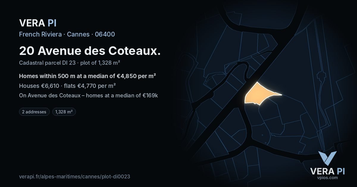 20 Avenue des Coteaux, Cannes at night – the plot lit, the parcels around coloured by the prices near them