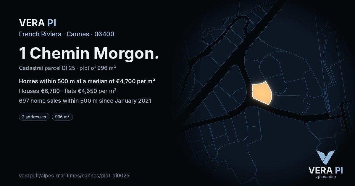 1 Chemin Morgon, Cannes at night – the plot lit, the parcels around coloured by the prices near them