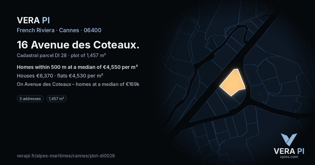 16 Avenue des Coteaux, Cannes at night – the plot lit, the parcels around coloured by the prices near them