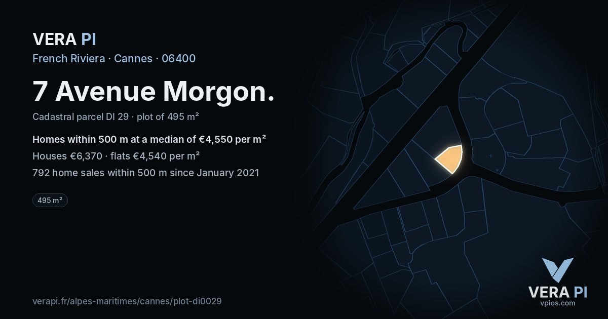 7 Avenue Morgon, Cannes at night – the plot lit, the parcels around coloured by the prices near them