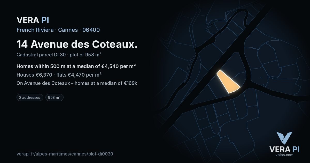 14 Avenue des Coteaux, Cannes at night – the plot lit, the parcels around coloured by the prices near them