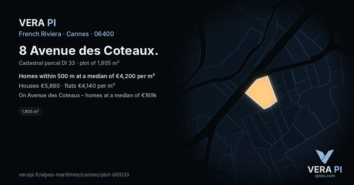 8 Avenue des Coteaux, Cannes at night – the plot lit, the parcels around coloured by the prices near them