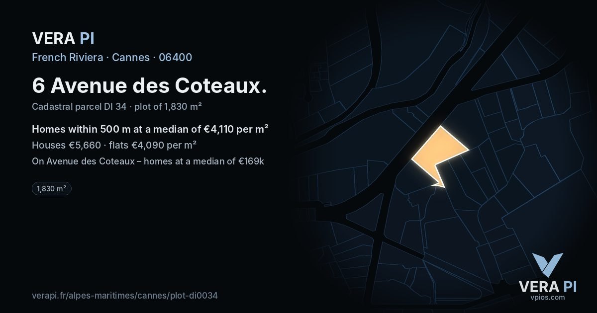 6 Avenue des Coteaux, Cannes at night – the plot lit, the parcels around coloured by the prices near them