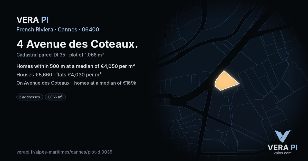 4 Avenue des Coteaux, Cannes at night – the plot lit, the parcels around coloured by the prices near them