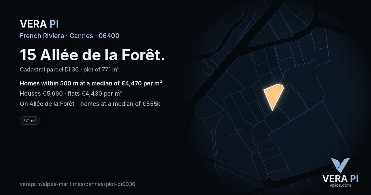 15 Allée de la Forêt, Cannes at night – the plot lit, the parcels around coloured by the prices near them