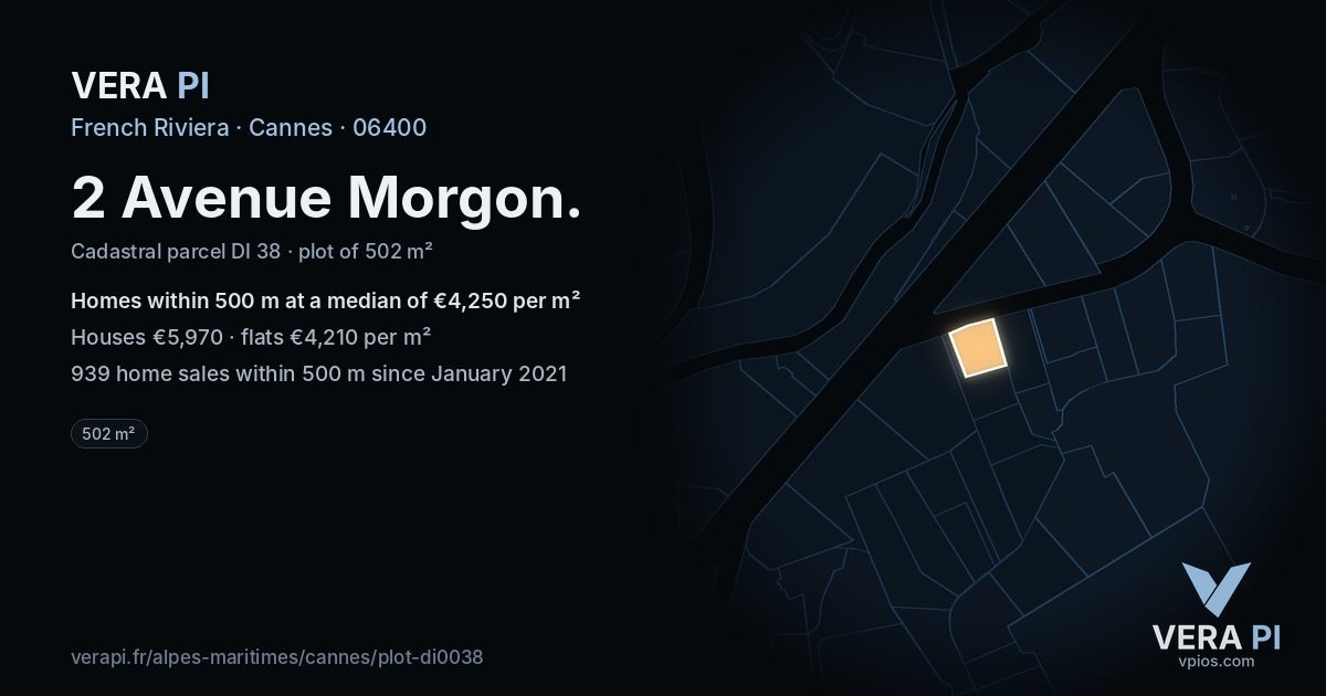 2 Avenue Morgon, Cannes at night – the plot lit, the parcels around coloured by the prices near them