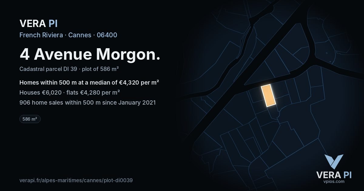4 Avenue Morgon, Cannes at night – the plot lit, the parcels around coloured by the prices near them