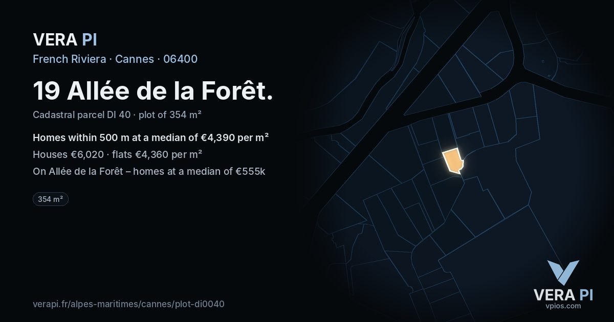 19 Allée de la Forêt, Cannes at night – the plot lit, the parcels around coloured by the prices near them