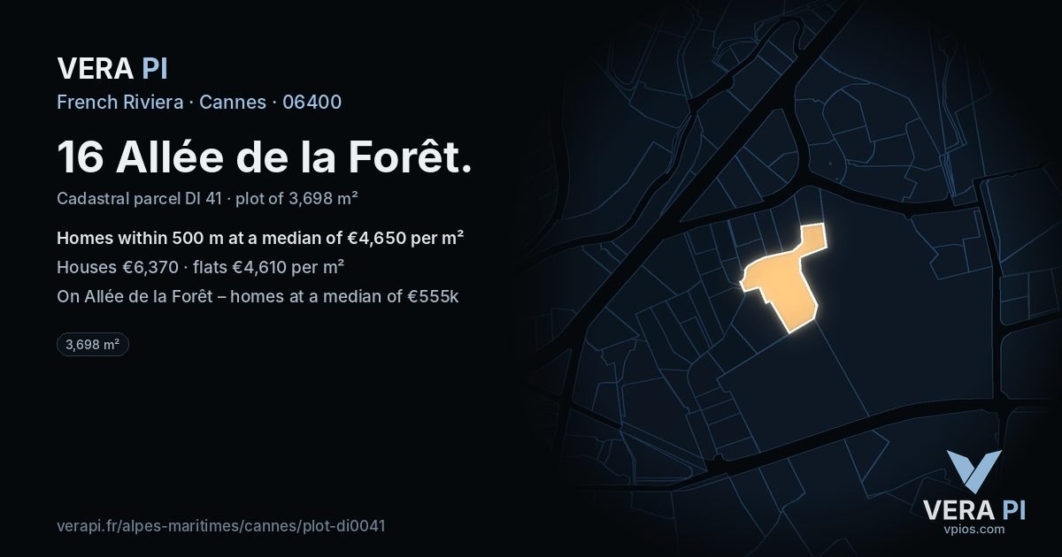 16 Allée de la Forêt, Cannes at night – the plot lit, the parcels around coloured by the prices near them