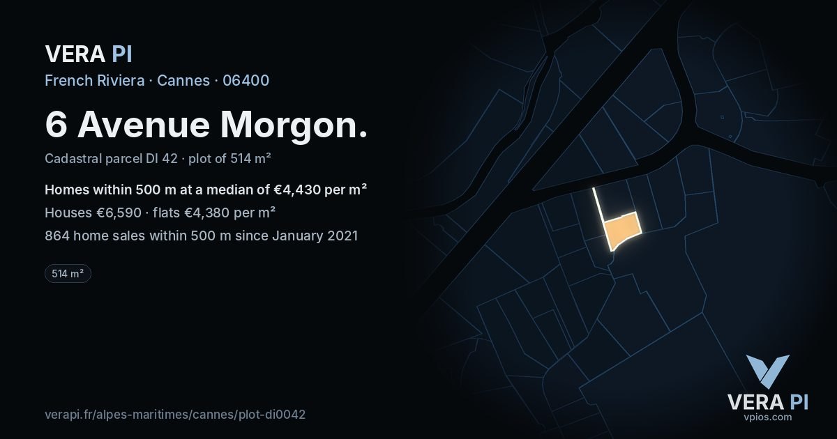 6 Avenue Morgon, Cannes at night – the plot lit, the parcels around coloured by the prices near them