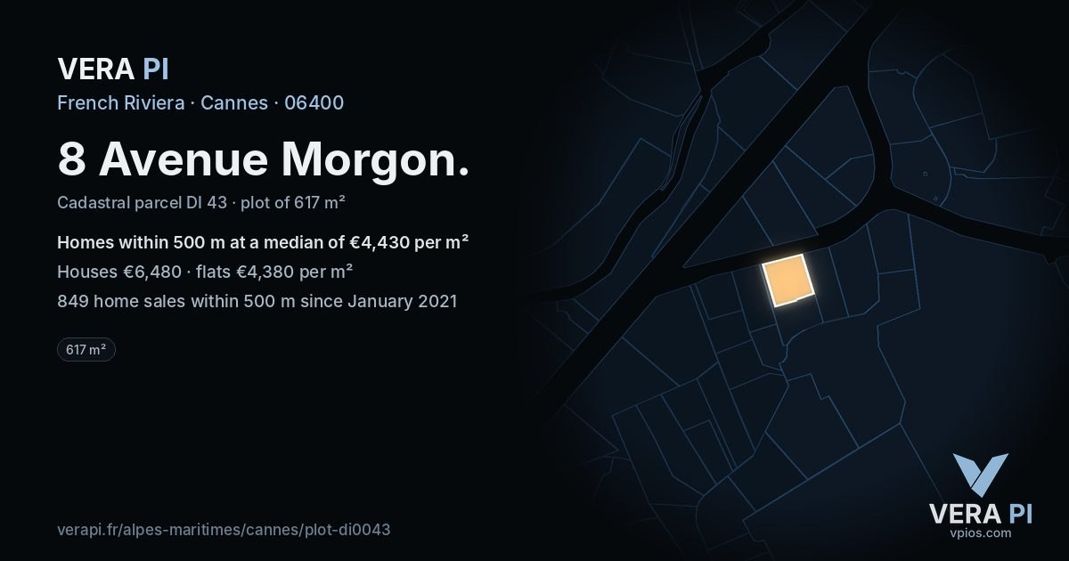 8 Avenue Morgon, Cannes at night – the plot lit, the parcels around coloured by the prices near them