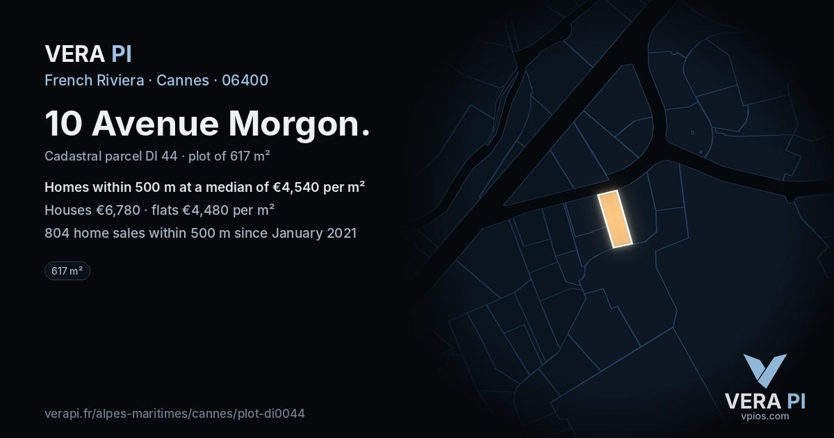 10 Avenue Morgon, Cannes at night – the plot lit, the parcels around coloured by the prices near them