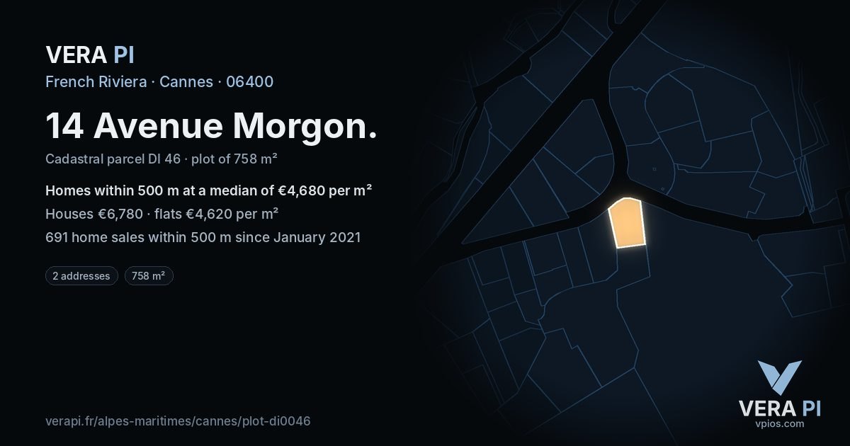 14 Avenue Morgon, Cannes at night – the plot lit, the parcels around coloured by the prices near them