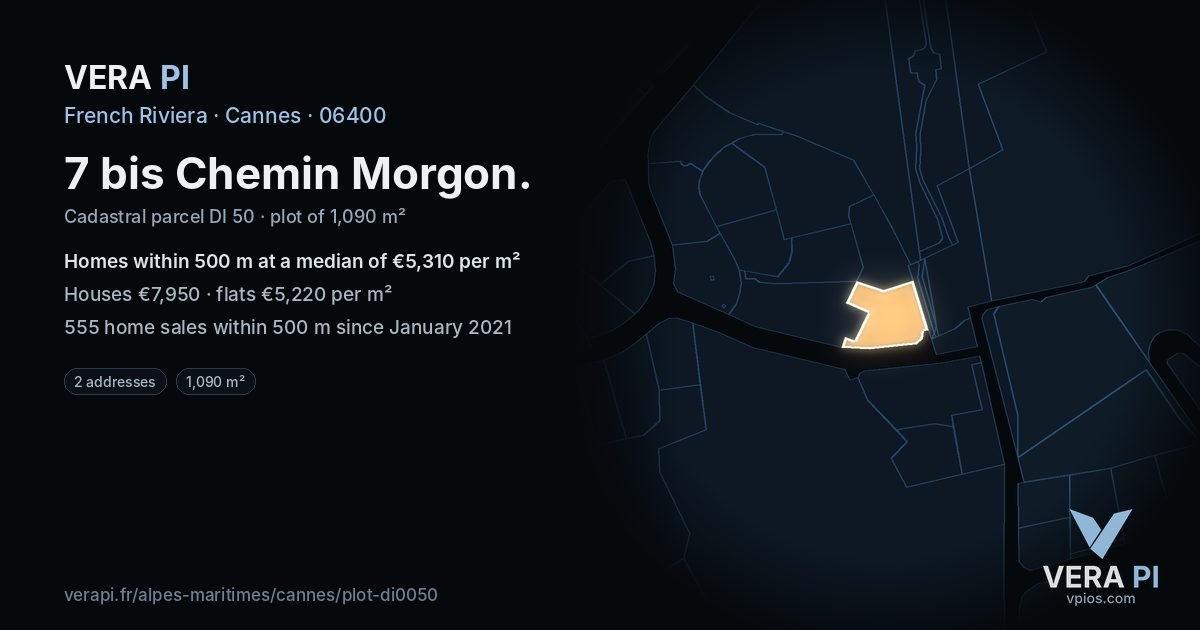 7 bis Chemin Morgon, Cannes at night – the plot lit, the parcels around coloured by the prices near them