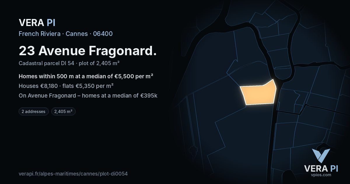 23 Avenue Fragonard, Cannes at night – the plot lit, the parcels around coloured by the prices near them