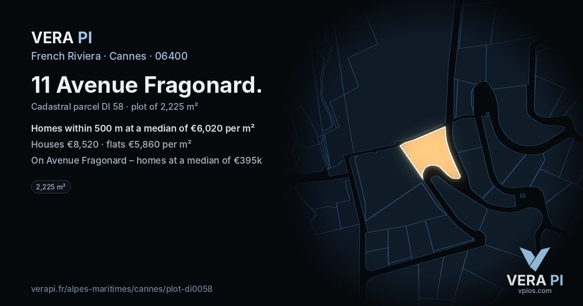 11 Avenue Fragonard, Cannes at night – the plot lit, the parcels around coloured by the prices near them