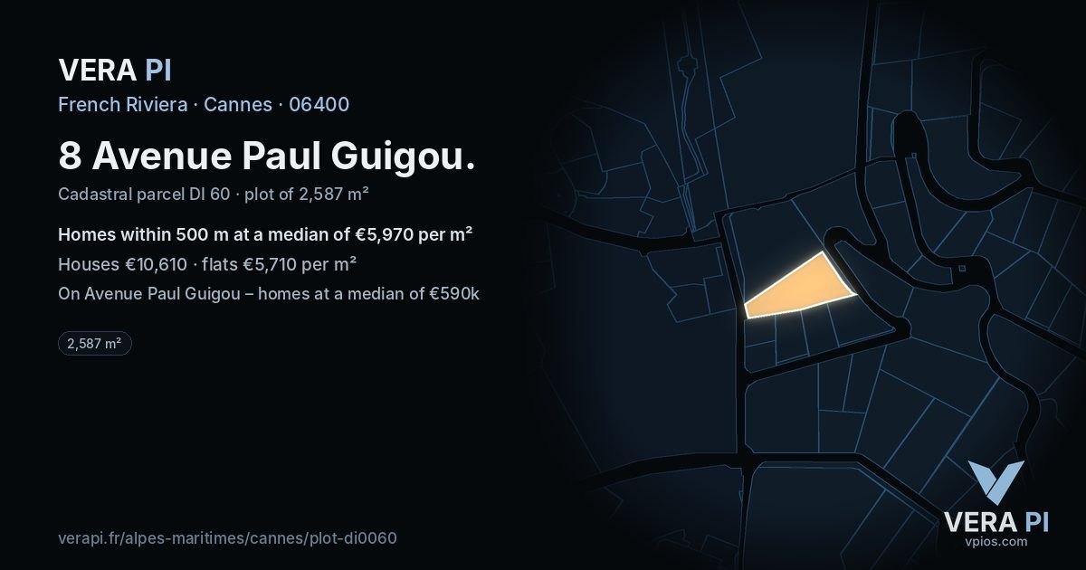 8 Avenue Paul Guigou, Cannes at night – the plot lit, the parcels around coloured by the prices near them