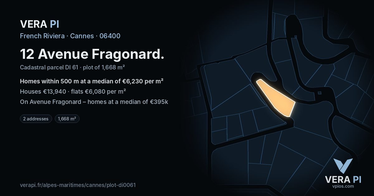 12 Avenue Fragonard, Cannes at night – the plot lit, the parcels around coloured by the prices near them
