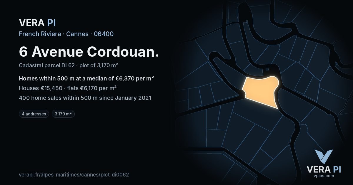 6 Avenue Cordouan, Cannes at night – the plot lit, the parcels around coloured by the prices near them