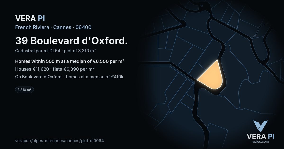 39 Boulevard d'Oxford, Cannes at night – the plot lit, the parcels around coloured by the prices near them
