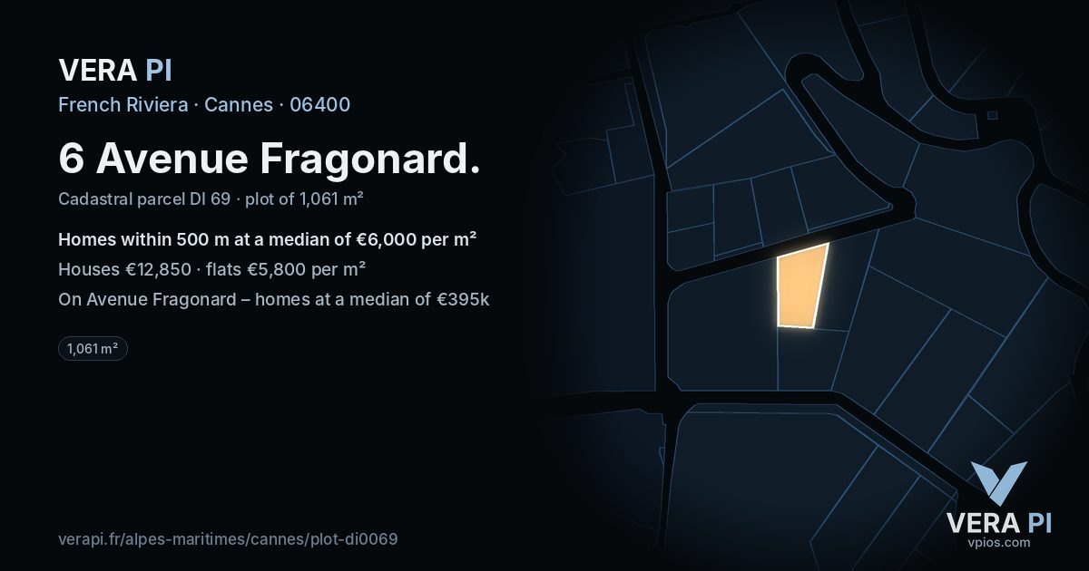 6 Avenue Fragonard, Cannes at night – the plot lit, the parcels around coloured by the prices near them